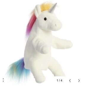Aurora White Unicorn Full Body Hand Puppet Rainbow Hair Sparkle Horn 12" Tall